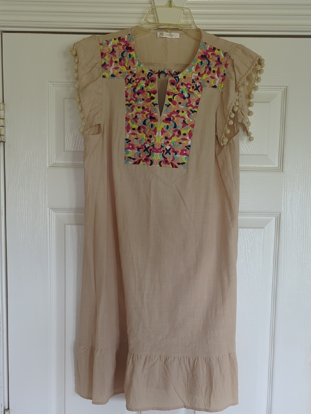Women's Beige Embroidered  Dress with Pom Trim